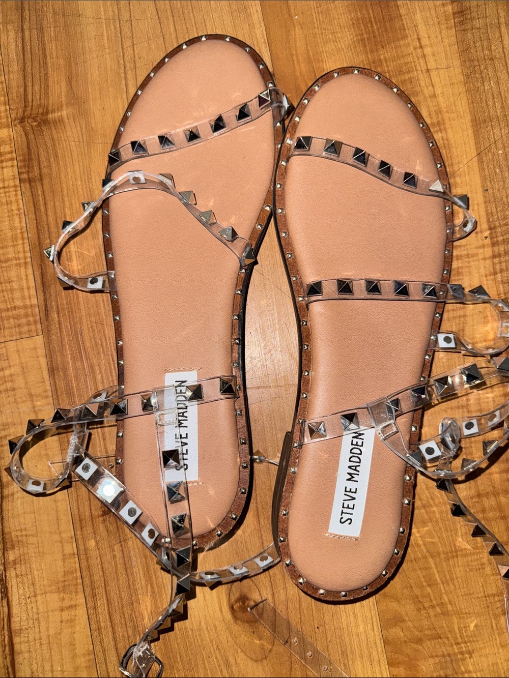Steve Madden Clear Studded Strappy Sandals with Tan Insole(12)